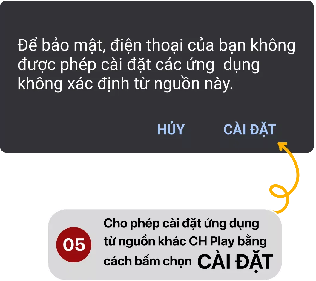 Bước 5: Gạt cho phép cài ngoài CH Play, sau đó nhấn “Cài đặt”.